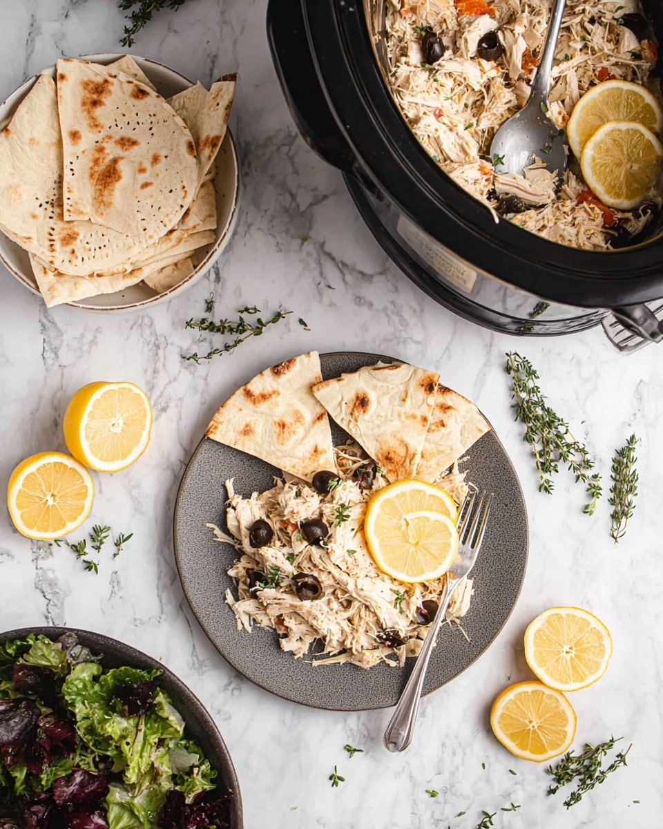A round gray plate holds shredded white chicken mixed with pieces of black olives and small bits of orange vegetables, topped with two lemon slices and a small green herb sprig, a fork rests on the plate’s right side. On top of the chicken are three folded pieces of grilled flatbread with light brown spots. Above the plate is a black slow cooker filled with the same shredded chicken mix and a lemon slice on top, with a metal spoon inside. To the left, a small white bowl holds folded pieces of flatbread, and below it, a dark bowl contains mixed green and purple leafy salad. Two lemon halves and sprigs of fresh thyme are scattered on the white marbled surface surrounding the dishes. Photo taken with an iphone --ar 4:5 --v 7