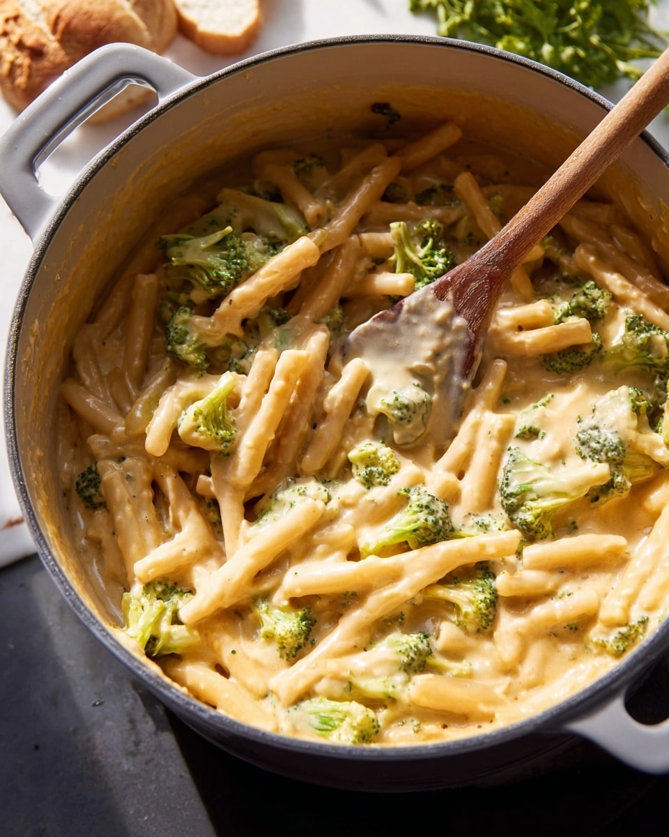 The image shows a close-up of a large black pot filled with creamy pasta mixed with small green broccoli pieces. The pasta is covered in thick, pale yellow cheese sauce with strings of melted cheese stretching across the surface. The sauce looks smooth and rich, clinging to the short, tubular pasta and broccoli evenly. The inside edge of the pot has some sauce splatters, showing a creamy texture. The background and surface have a white marbled texture. photo taken with an iphone --ar 4:5 --v 7