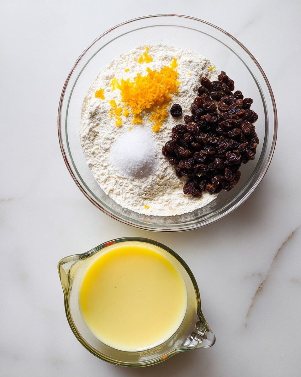 The image shows two clear glass mixing bowls on a white marbled surface. The larger bowl on top contains four layers: a white flour base covering most of the bowl, a pile of dark brown raisins on the right side, a small mound of bright orange zest near the top left, and a small heap of white granulated sugar near the bottom left. Below it, the smaller glass measuring bowl holds a pale yellow liquid that looks smooth and slightly thick, filling about half of the bowl. The setup is bright and clean, with soft natural light highlighting the colors and textures. photo taken with an iphone --ar 4:5 --v 7