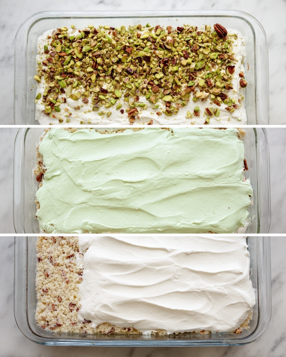 The image shows a four-step layer assembly of a dessert in a clear glass rectangular dish on a white marbled surface. The first layer at the bottom is a crumbly, light beige base mixed with small bits of pecans spread evenly. The second layer is smooth and thick white cream spread carefully over the base. The third layer is light green cream with a soft texture and tiny nut pieces mixed in, evenly covering the white cream. The final top layer is white cream sprinkled generously with chopped pecans and pistachios, adding a rough texture with green and brown colors over the smooth white cream. photo taken with an iphone --ar 4:5 --v 7