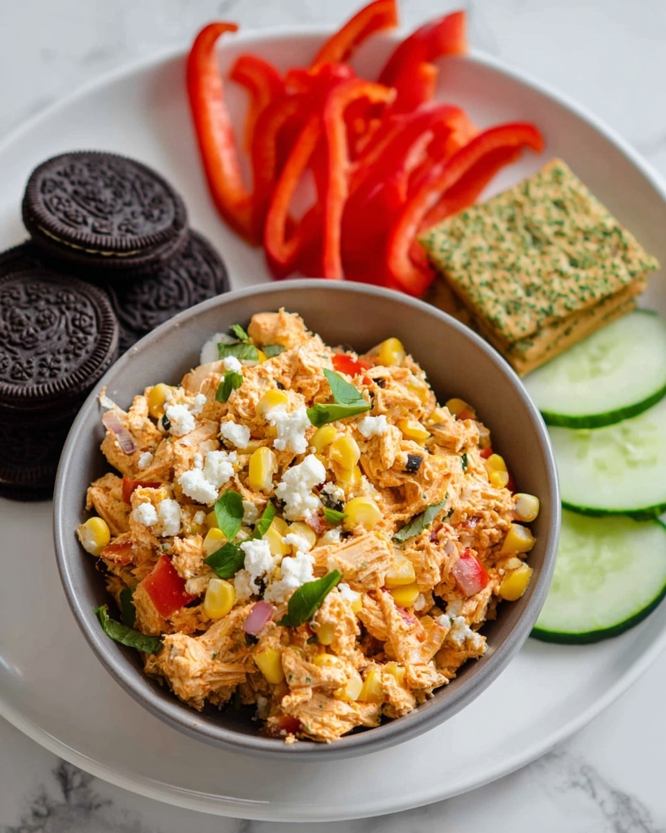 A bowl filled with a mix of shredded orange-tinted chicken, yellow corn kernels, small pieces of red bell pepper, and fresh green herbs, topped with crumbled white cheese. The bowl sits on a white plate next to bright red sliced bell peppers, three dark chocolate sandwich cookies, square green herb-flavored crackers arranged in a neat stack, and slices of fresh green cucumber. The scene is set on a white marbled surface, creating a clean and fresh look. Photo taken with an iphone --ar 4:5 --v 7