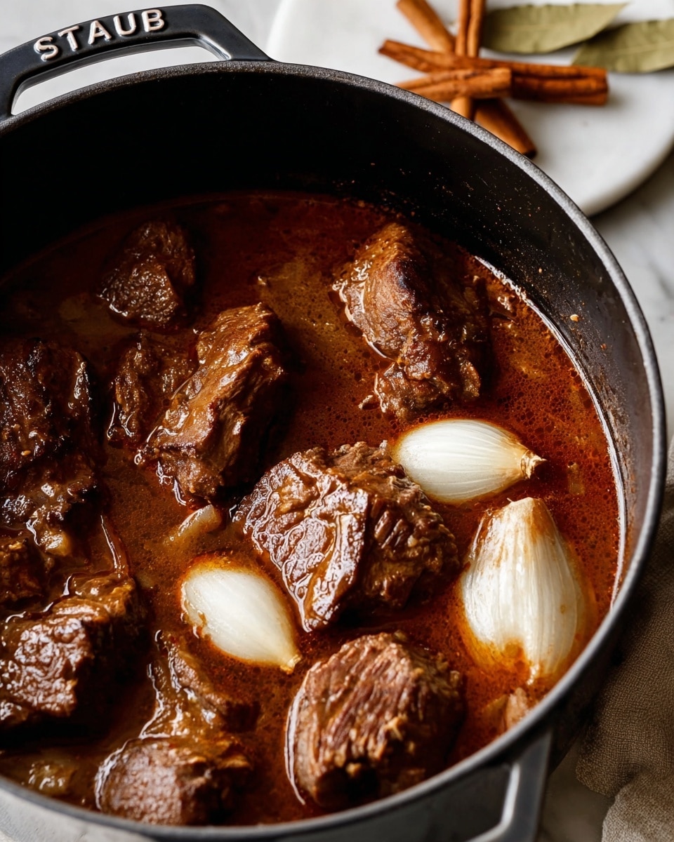 A black pot filled with rich brown stew with six pieces of cooked meat and several large white onion chunks partially submerged, resting on a white marbled surface with blurred cinnamon sticks and bay leaves in the background; the meat looks tender with a textured surface and the stew is thick with some gloss, the pot handle has the word