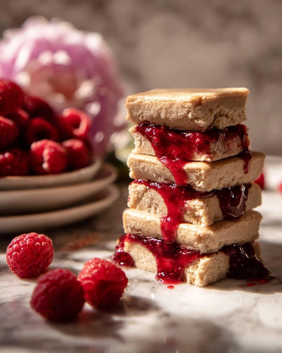 A stack of three square layers of light brown bread with a soft, slightly rough texture is shown, each layer separated by thick layers of bright red raspberry jam that drips down the sides, adding a glossy and juicy look. Behind the stack, there is a white plate filled with fresh, whole raspberries, and a soft pink flower is blurred in the background. The whole scene is set on a white marbled surface with soft natural light, creating warm shadows and highlights. Photo taken with an iphone --ar 4:5 --v 7