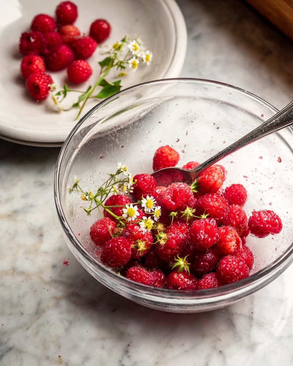 A clear glass bowl filled with fresh, bright red raspberries, some with green stems still on, which sit mostly at the bottom layer. The raspberries have a slightly wet texture from being mixed, and a small silver spoon rests inside the bowl, partially covered by the raspberries. Next to the bowl is a white plate holding more raspberries and a few small white flowers with yellow centers and green stems, placed on a white marbled surface. photo taken with an iphone --ar 4:5 --v 7