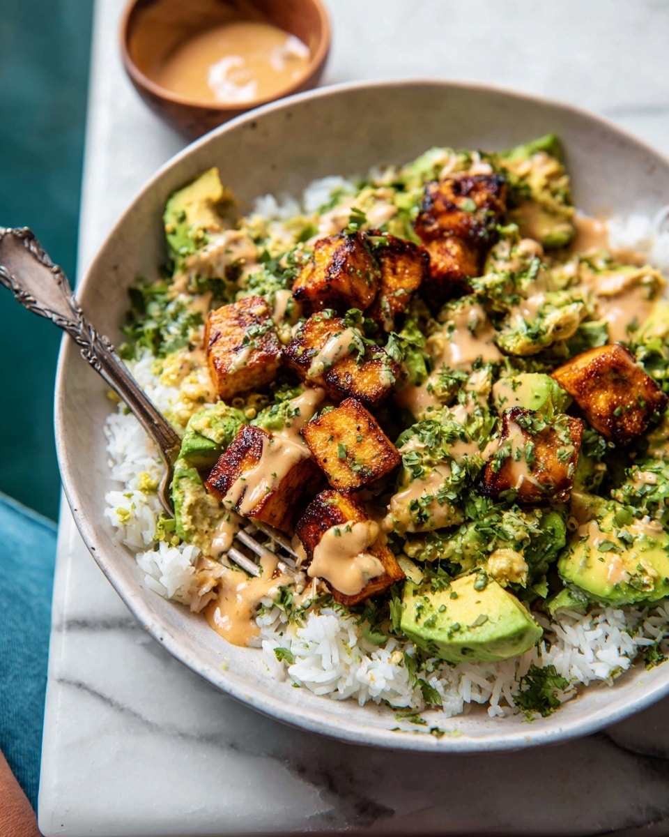 The image shows a close-up of a dish served in a white bowl on a white marbled surface. The dish has a bottom layer of white rice with soft texture. On top of the rice, there are cubes of grilled tofu, golden brown with some darker char marks, sprinkled with chopped green herbs. Mixed in and around the tofu are pieces of bright green avocado chunks coated with finely chopped herbs. There is a light brown creamy sauce drizzled over the tofu and avocado, adding a smooth texture. A small wooden bowl filled with the same light brown sauce sits next to the food inside the white bowl. A woman's hand holding a fork is partially visible on the left side next to the food. photo taken with an iphone --ar 4:5 --v 7