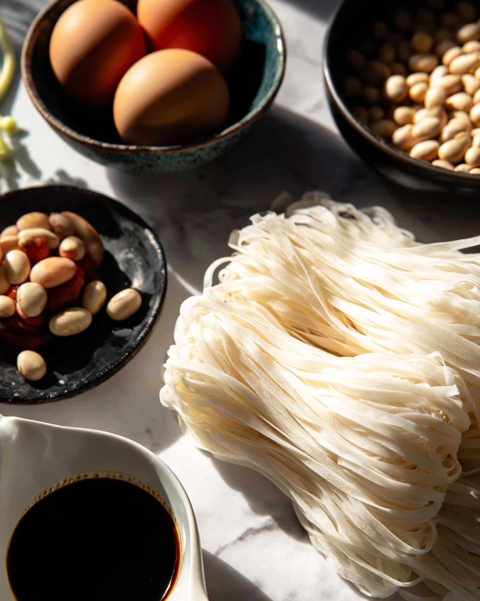 The image shows a bundle of silky white flat noodles neatly arranged on a white marbled surface, with a soft shine making them look fresh and smooth. Nearby, to the left, there is a small dark bowl holding three light brown eggs with smooth shells. Behind the noodles, a dark bowl is filled with pale beige beans, having a slightly rough texture. In the lower part of the picture, there is a white dish with a small spout filled with a dark soy sauce, showing a glossy surface. The scene is bright, with sharp sunlight highlighting the textures and colors of the ingredients, all set against a clean white marbled background photo taken with an iphone --ar 4:5 --v 7