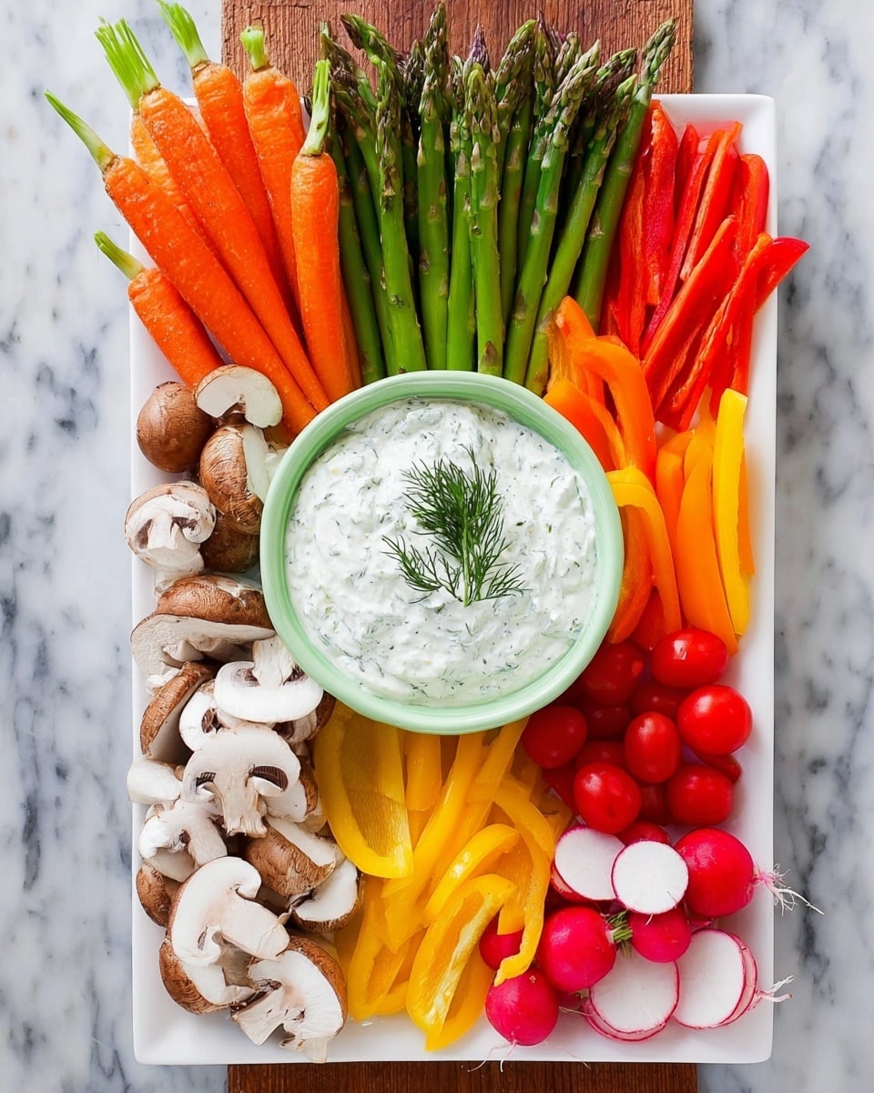 A white rectangular plate holds a colorful arrangement of fresh vegetables and a bowl of creamy dip. At the center, there is a round, pale green bowl filled with white, herb-speckled dip topped with a sprig of dill. Around the bowl, the plate is layered with whole orange carrot sticks in the top left corner, bright green beans and orange carrot sticks at the top right, a cluster of small red cherry tomatoes on the right side, and red radishes, some halved, on the bottom right. On the bottom left, there are brown mushrooms sliced in half, and bright yellow bell pepper strips lie next to them across the bottom of the plate. The plate is placed on a white marbled textured surface. Photo taken with an iphone --ar 4:5 --v 7