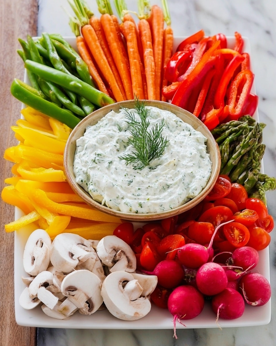 A white rectangular plate holds an array of fresh vegetables arranged around a round, shallow white bowl filled with thick white dip speckled with green herbs, topped with a sprig of dill. At the top of the plate, three bunches of orange carrots with green tops lean to the left, next to bright red sliced bell peppers and green asparagus stalks. On the right side, small red grape tomatoes and orange bell pepper slices are piled together. At the bottom right, a group of whole and halved red radishes show their white inner flesh. To the left, several white mushrooms are chopped into thick slices, beside a pile of bright yellow bell pepper strips. The whole arrangement sits on a white marbled surface, photo taken with an iphone --ar 4:5 --v 7