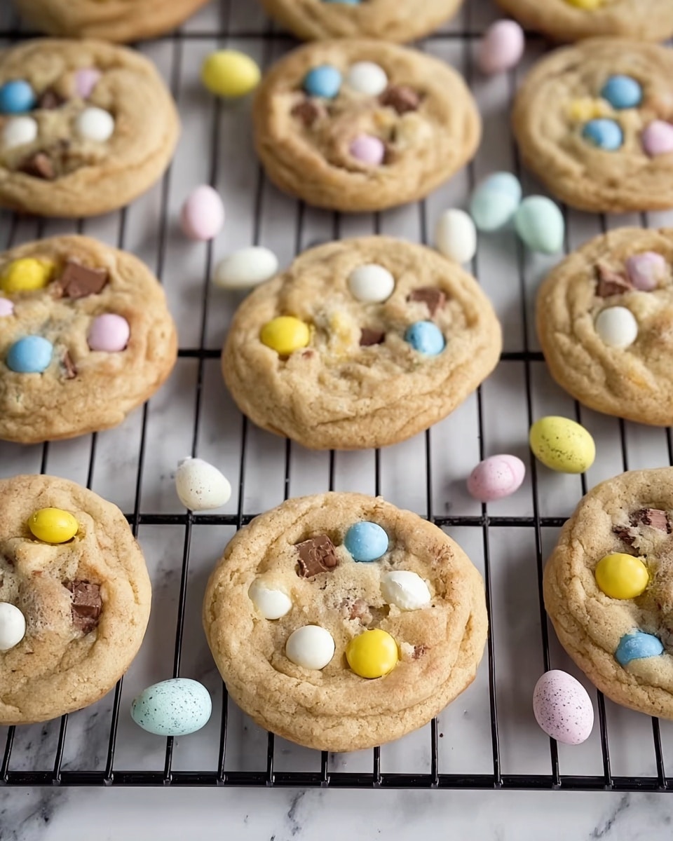 The image shows several round, light brown cookies with a soft texture placed on a black cooling rack. Each cookie has colorful chocolate candy pieces on top, in pastel shades of yellow, blue, white, and pink, some whole and some broken, scattered unevenly across the cookie surface. The chocolate pieces add small spots of dark brown and bright colors, contrasting with the beige cookie base. Around the cookies on the rack are additional small pastel-colored chocolate candy eggs. The background is a white marbled texture. Photo taken with an iphone --ar 4:5 --v 7