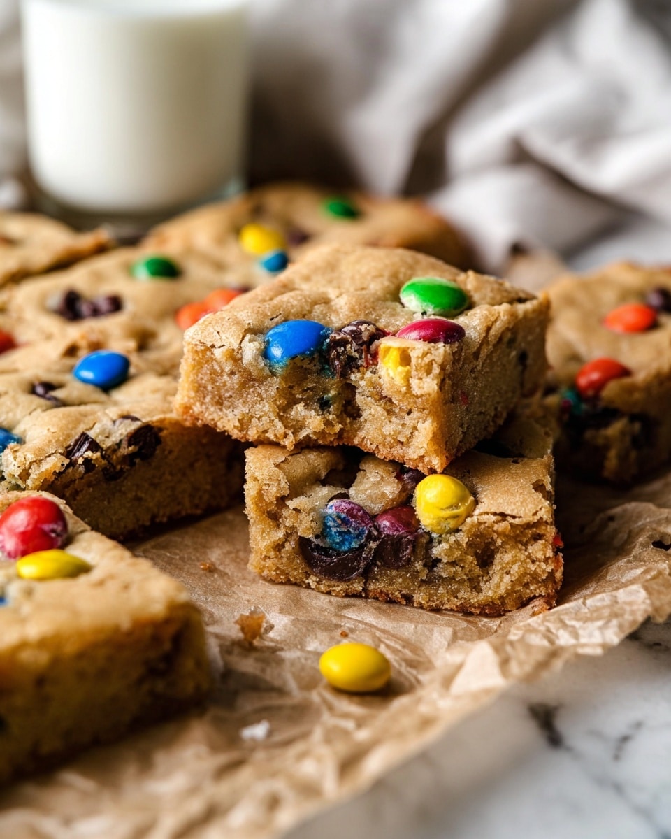 This image shows several pieces of thick, golden-brown cookie bars laid on crumpled brown paper on a white marbled surface. The cookie bars are filled with dark chocolate chips and colorful candy-coated chocolates scattered on top, with colors like yellow, blue, red, green, and orange. One piece is placed on top of another, showing the soft, slightly crumbly texture inside. In the blurry background, there is a white cloth and a tall glass of milk. The whole scene is warm and inviting, focusing closely on the cookie bars. Photo taken with an iphone --ar 4:5 --v 7