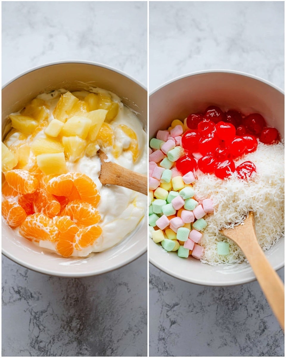 Two white bowls on a white marbled surface hold mixed dessert ingredients. The left bowl shows three layers: a bottom layer of white creamy mixture with a smooth texture, topped by bright orange mandarin slices, and pale yellow pineapple chunks scattered on top. A wooden spoon rests inside the bowl, partially immersed. The right bowl contains five visible layers: the same white creamy base spread unevenly, bright red maraschino cherries piled in one section at the top right, a heap of shredded coconut near the middle, and a scattering of small pastel-colored mini marshmallows in pink, green, yellow, and white covering the front side. The wooden spoon is placed touching the marshmallows. The background surface is white marble. photo taken with an iphone --ar 4:5 --v 7