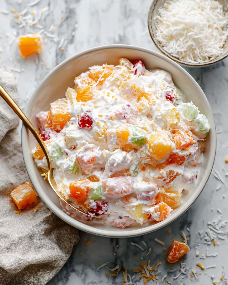 A bowl of fruit salad with three main visible layers: a thick white cream layer mixed throughout, bright orange fruit pieces, and small red and green fruit bits scattered inside. The dish is served in a white bowl, which is placed on a white marbled surface. A golden spoon rests inside the bowl on the left side, and there is a small white bowl filled with shredded coconut nearby with some coconut spilled around it. The whole scene looks fresh and soft with light colors and a cozy feel. Photo taken with an iphone --ar 4:5 --v 7