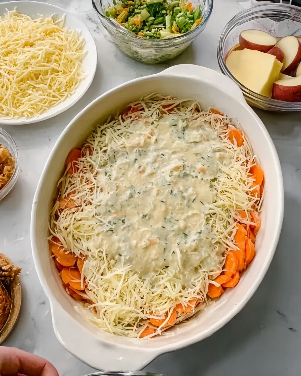 The image shows a white oval baking dish placed on a white marbled surface, filled with a layered dish. The bottom layer is made of orange carrot slices arranged evenly. On top of the carrots, there is a layer of shredded white cheese scattered all around. Over the cheese, a thick, creamy white sauce with herbs is spread smoothly, covering the whole dish. Behind the baking dish, there is a white plate with chopped green vegetables, a transparent measuring cup with sliced red potatoes and a yellow piece of butter, and a white plate with a heap of shredded cheese. A woman's hand is visible on the left side holding a utensil near the plate with green vegetables. The photo taken with an iphone --ar 4:5 --v 7