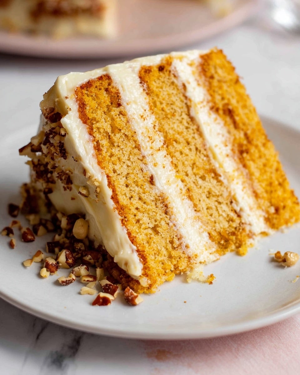 A slice of layered cake is on a white plate placed on a white marbled surface. The cake has four layers of moist, golden-brown sponge with three layers of creamy off-white frosting in between. The top and sides of the slice are also coated with the same creamy frosting. Small chopped nuts are scattered around the side of the slice on the plate, adding texture and color contrast. Photo taken with an iphone --ar 4:5 --v 7