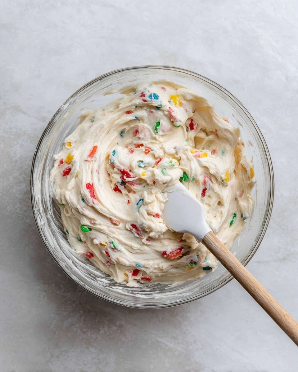 A clear glass bowl filled with thick, creamy white dough mixed with small, colorful candy pieces scattered throughout, showing red, green, yellow, blue, and orange bits embedded in the soft texture. A white silicone spatula with a wooden handle rests inside the bowl, slightly lifting a swirl of dough, with visible smooth and slightly sticky folds. The bowl sits on a white marbled surface, giving a clean and bright look to the scene. Photo taken with an iphone --ar 4:5 --v 7