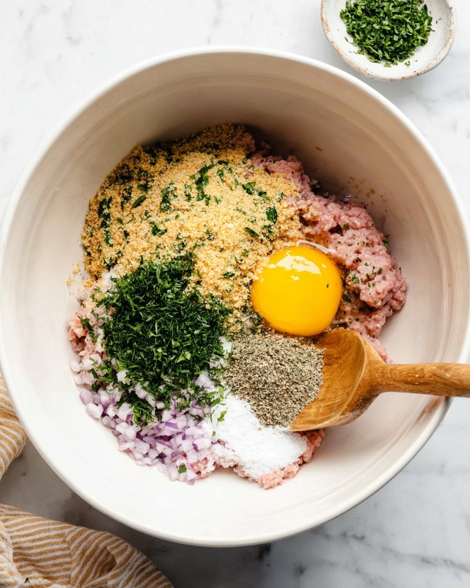 A white bowl contains layers of ingredients arranged separately. The base layer is light pink ground meat, spread evenly in the bowl. On top, to the left, there is a golden brown crumb layer, sprinkled lightly with green herbs. To the right of this crumb layer, a yellow egg yolk rests clearly visible. Above the egg yolk, there is a mound of finely chopped green herbs. To the left of the green herbs, near the center of the bowl, are small pieces of purple onion scattered lightly. Above the onions and mixed in the middle are white salt and some black pepper along with light brown dried herbs. A wooden spoon with some of the base material clinging to it leans inside the bowl from the right side. The bowl sits on a white marbled surface with a small white bowl of green herbs nearby and part of a round white dish is visible at the top right edge. Photo taken with an iphone --ar 4:5 --v 7