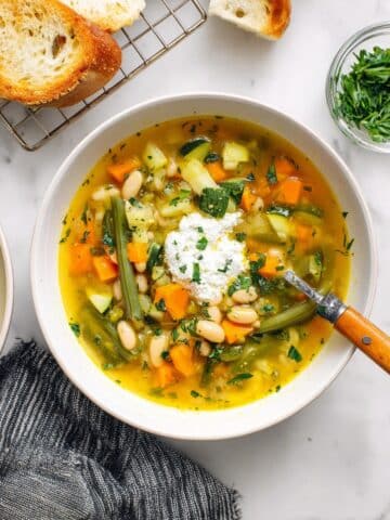 Spring Minestrone Soup with Herb Ricotta Topping Recipe