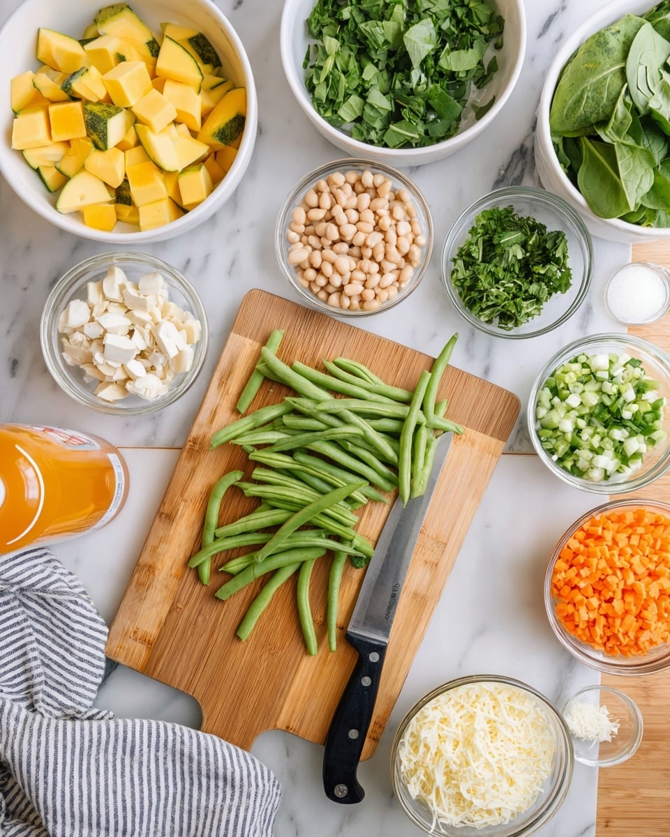 The image shows a wooden cutting board placed on a white marbled surface with green beans, some whole and some chopped, lying on it along with a knife with a black handle. Surrounding the board are several white bowls and clear glass bowls filled with different fresh ingredients: yellow squash pieces, green spinach leaves, finely chopped parsley, white beans, shredded cheese, chopped carrots and celery, minced garlic, and a white creamy ingredient. There is also a small bottle with an orange liquid, probably oil or juice, and a striped cloth can be seen at the bottom left corner. The setup is clean and organized, ready for cooking photo taken with an iphone --ar 4:5 --v 7