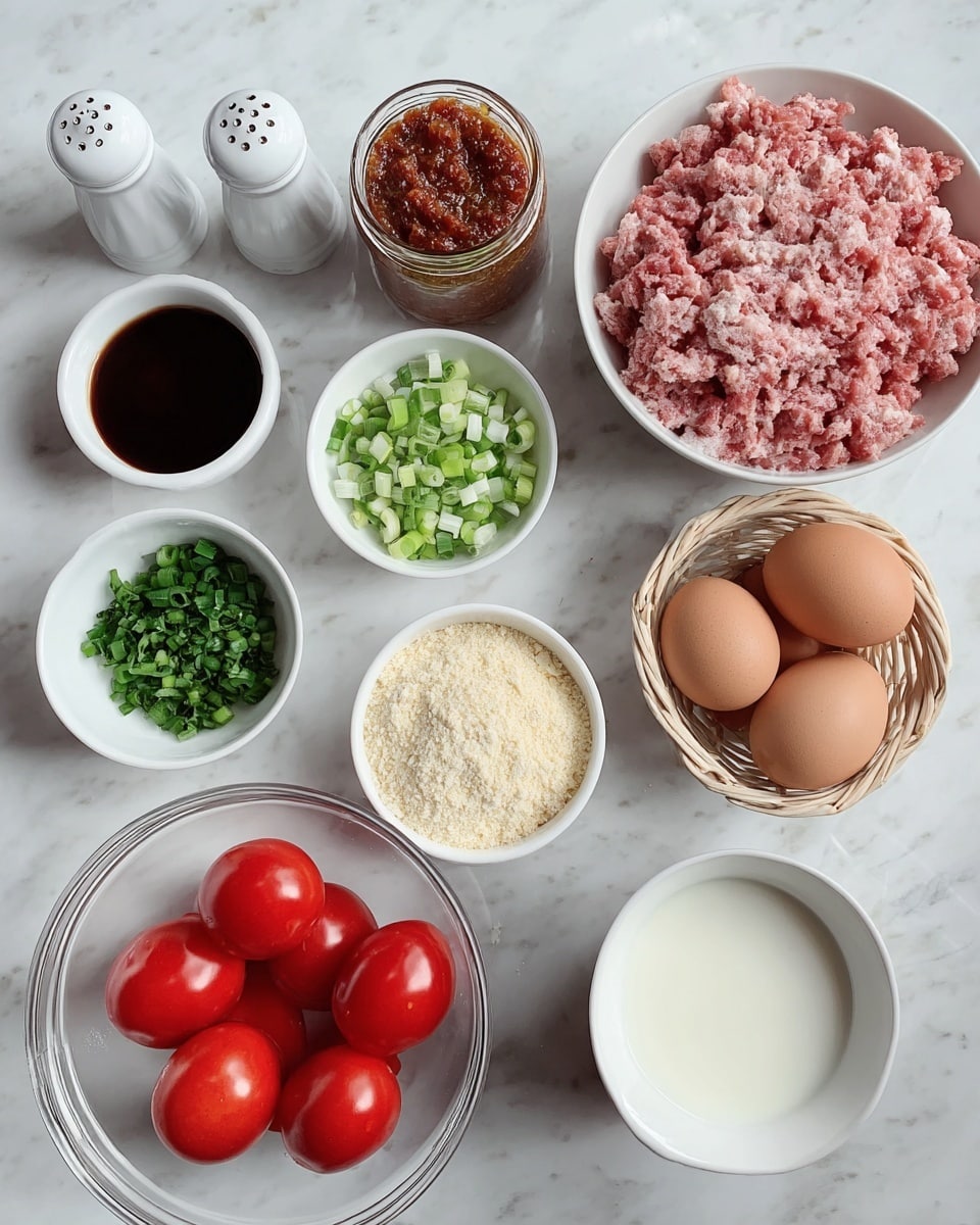 The image shows various ingredients arranged neatly on a white marbled surface. From left to right, there are two small white salt and pepper shakers, a small white bowl with dark thick sauce, a jar filled with chunky reddish-brown paste, and a small white bowl with minced garlic. Next to that, two more small white bowls hold chopped green onions and chopped green herbs. In front of the bowls is a clear glass bowl with bright red cherry tomatoes. To the right, a small basket contains three brown eggs, and next to it is a large white bowl filled with pink ground meat. Finally, there is a small clear bowl with light beige breadcrumbs and a white cup filled with milk. photo taken with an iphone --ar 4:5 --v 7