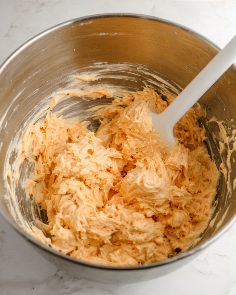 A shiny steel mixing bowl filled about halfway with a creamy, light orange spread that has a soft, fluffy texture and small shredded pieces mixed throughout. A white spatula with some of the mixture on it rests inside the bowl, slightly sunk into the spread. The bowl is placed on a white marbled surface. photo taken with an iphone --ar 4:5 --v 7