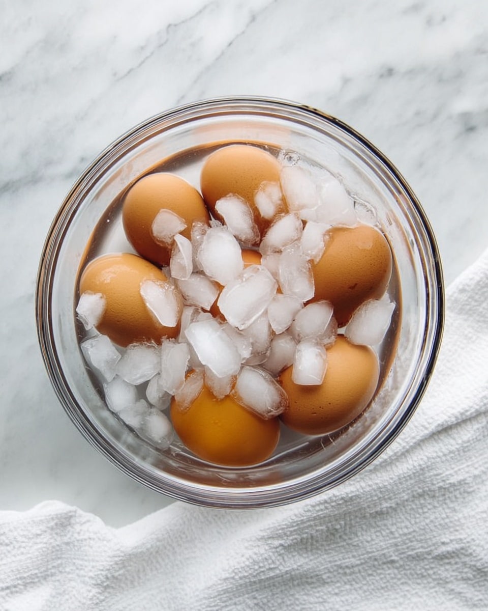 A clear glass bowl filled with seven brown eggs submerged in water, covered by many irregular pieces of white ice cubes floating on the surface. The bowl is set on a white marbled texture surface with a white cloth partially visible at the bottom right corner. Photo taken with an iphone --ar 4:5 --v 7