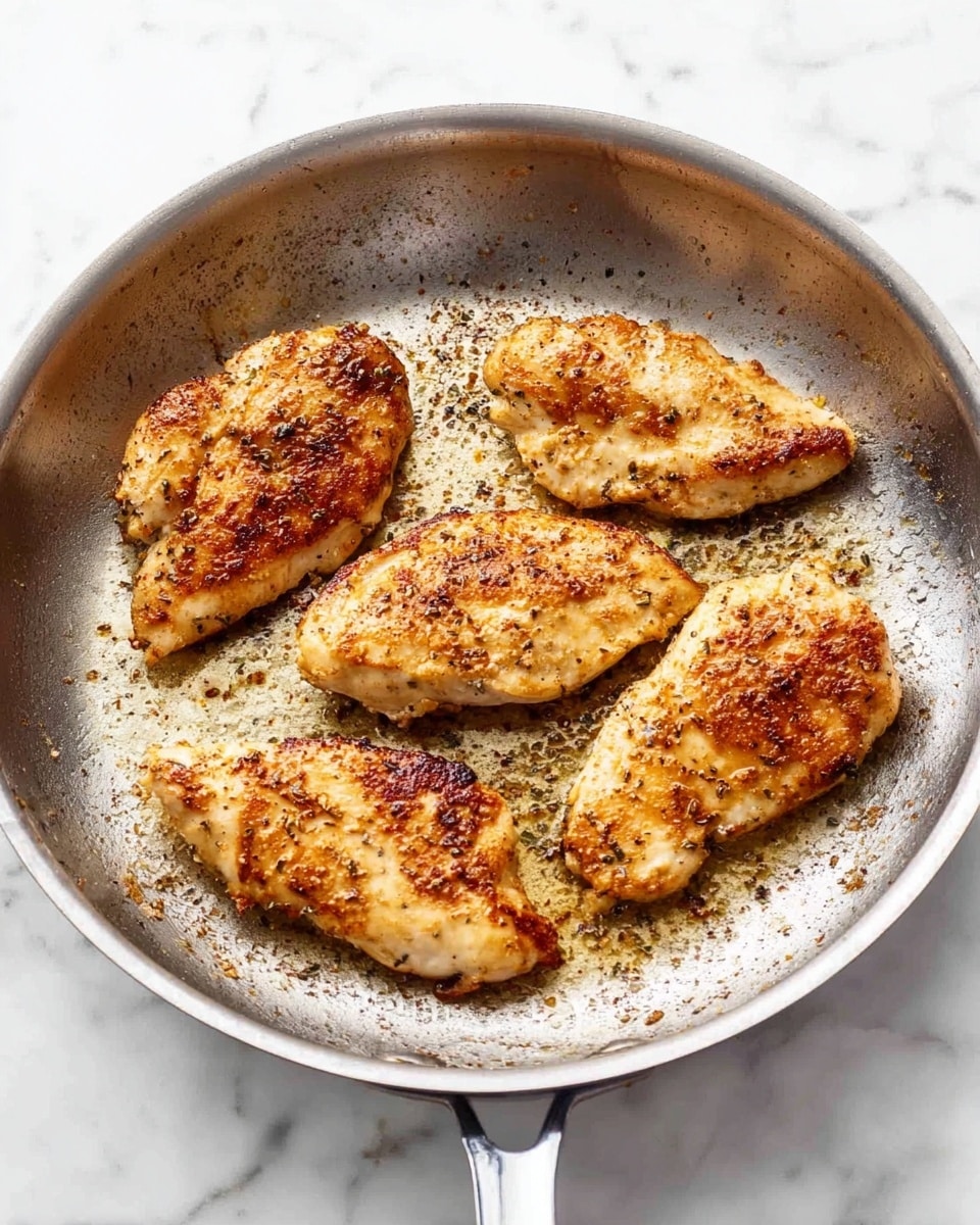 A metal pan with four cooked chicken pieces inside, each piece golden brown with a light crispy texture. The chicken is slightly uneven in shape, showing natural cooked lines and seared marks with some darker brown spots. The pan has some small bits of seasoning and residual oil around the chicken, with a soft shine on the metal surface. The background is a white marbled texture. photo taken with an iphone --ar 4:5 --v 7