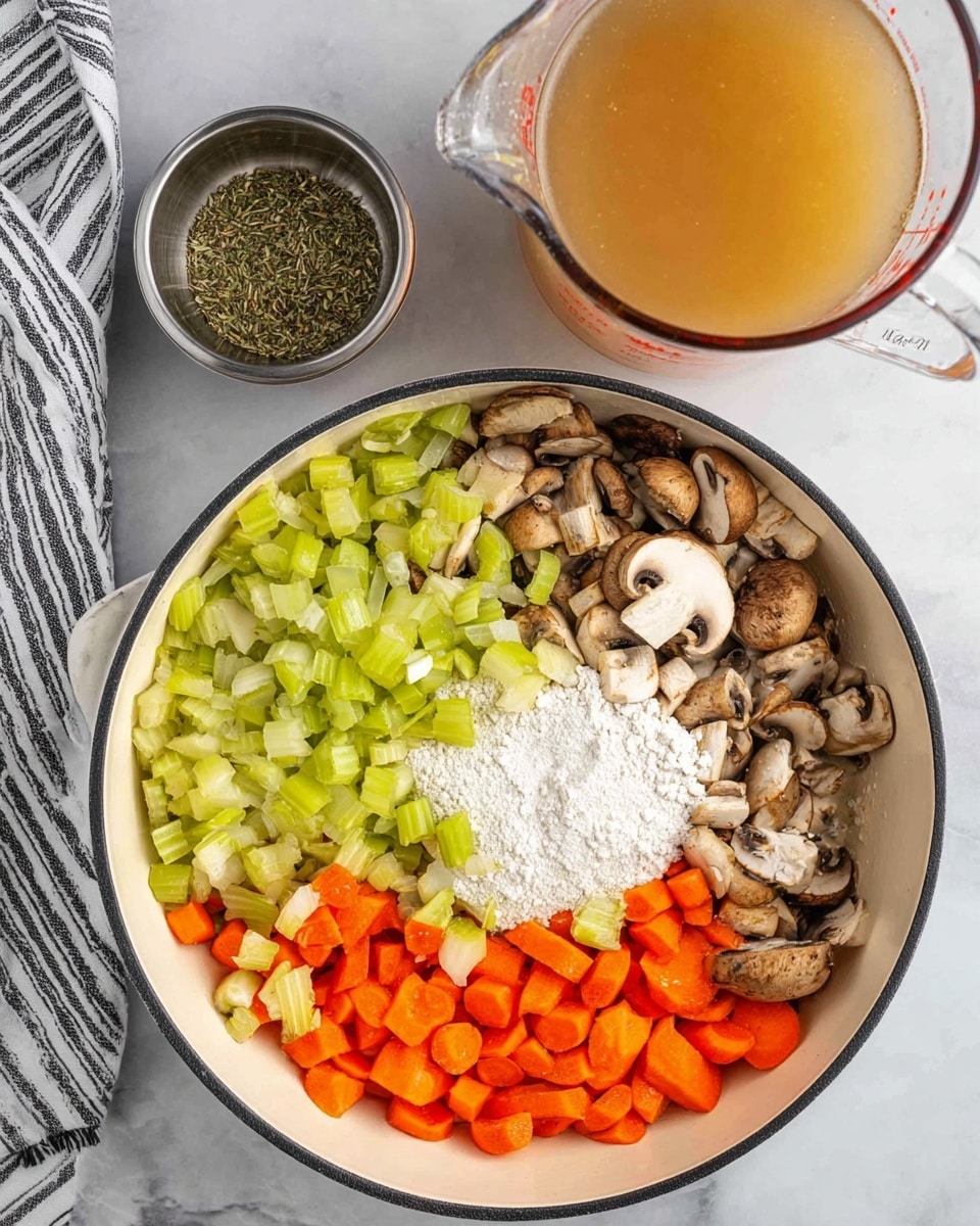 A white pan filled with a colorful mix of diced vegetables: bright green celery slices, orange carrot pieces, light beige chopped onions, and browned sliced mushrooms layered on one side, with a pile of white flour in the center. Next to the pan, there is a transparent measuring cup filled with light brown liquid, likely broth, and a small silver container holding dried herbs. All items are placed on a white marbled surface with a folded striped towel nearby. Photo taken with an iphone --ar 4:5 --v 7