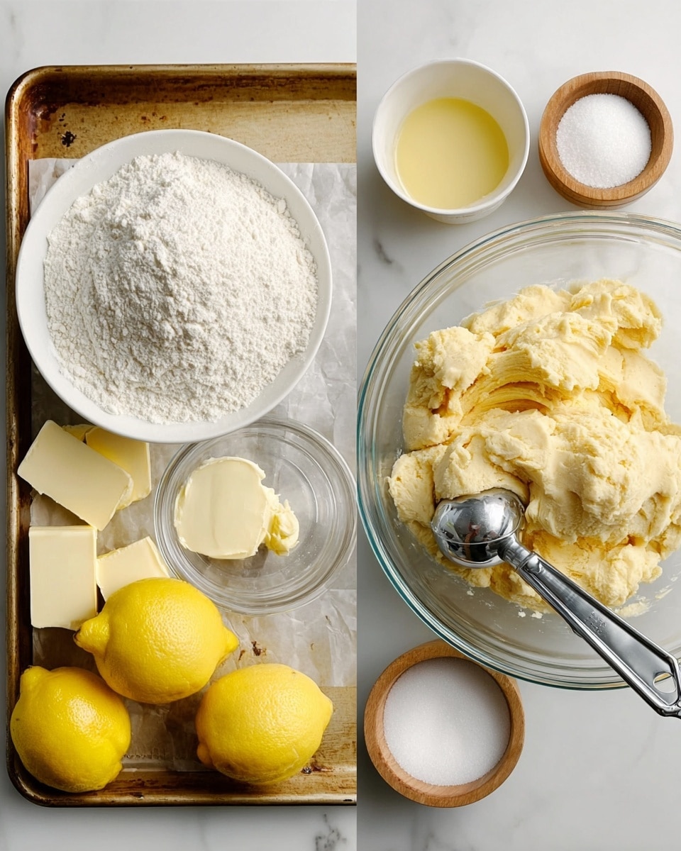 The image shows two parts side by side on a white marbled surface. On the left, a baking tray holds ingredients arranged carefully: a white bowl filled with flour in the center, a clear glass bowl with white sugar below it, two sticks of butter still in their wrappers on the bottom left, three bright yellow lemons placed around, half a lemon near the bottom right, a small white bowl with a light yellow liquid top left, a whole egg next to it, and a small wooden bowl with white powder and salt at the top right. On the right, there is a glass bowl filled with rough, pale yellow dough with a metal ice cream scoop resting on the side inside the bowl. Photo taken with an iphone --ar 4:5 --v 7