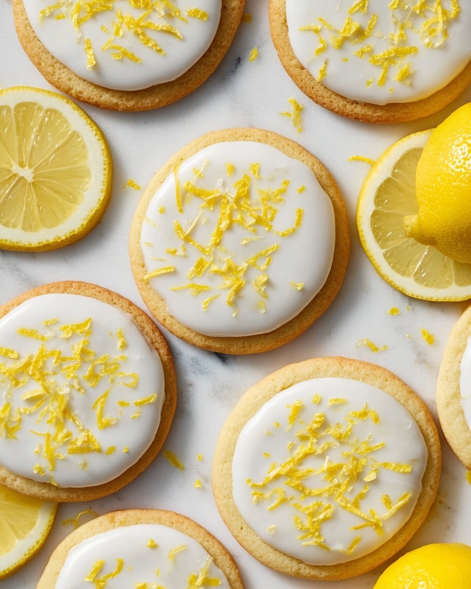 The image shows several round lemon cookies arranged on a white marbled surface. Each cookie has two layers: the base layer is a soft, light golden brown cookie with a slightly raised edge, and the top layer is a smooth, white icing that covers most of the cookie’s surface. Bright yellow lemon zest is sprinkled evenly over the icing, adding a textured, colorful contrast to the smooth white icing and pale cookie. There are whole yellow lemons and lemon slices placed around the cookies, enhancing the fresh lemon theme. Photo taken with an iphone --ar 4:5 --v 7