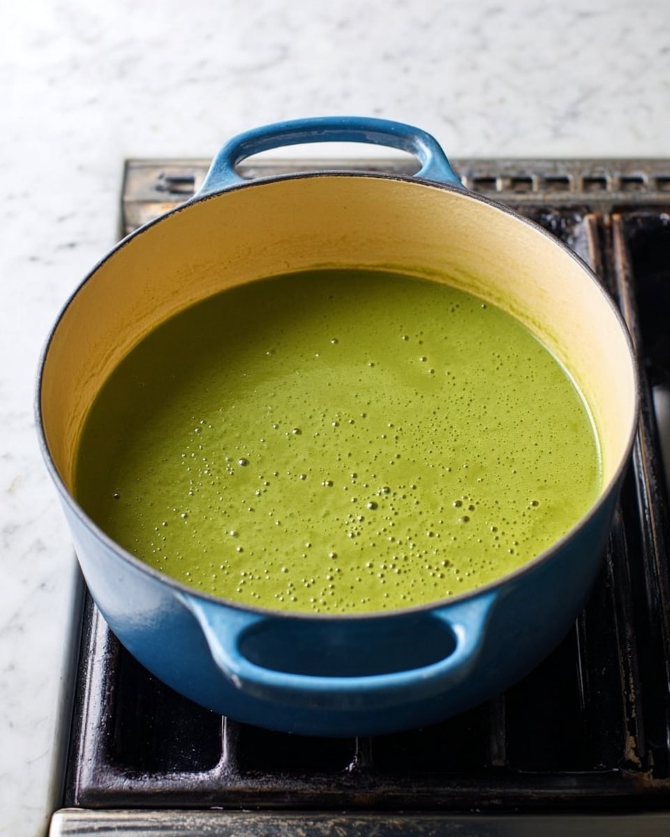 A thick green soup with a smooth texture fills a blue pot with two handles on each side; the pot is placed on a black stovetop with visible metal grates and some signs of use on the pot's surface, next to a white marbled countertop. The soup inside the pot is even in color with a few bubbles scattered on the surface, and the inside of the pot is light beige. photo taken with an iphone --ar 4:5 --v 7