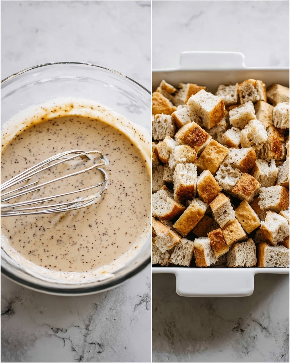 The image shows two parts of a cooking process side by side. On the left, a clear glass bowl contains a creamy beige mixture with small dark specks, and a metal whisk is resting inside, partially submerged in the mixture. On the right, a white square dish is filled with many small cubes of light brown bread, some with darker crusts, stacked closely together. Both are set against a white marbled surface. photo taken with an iphone --ar 4:5 --v 7