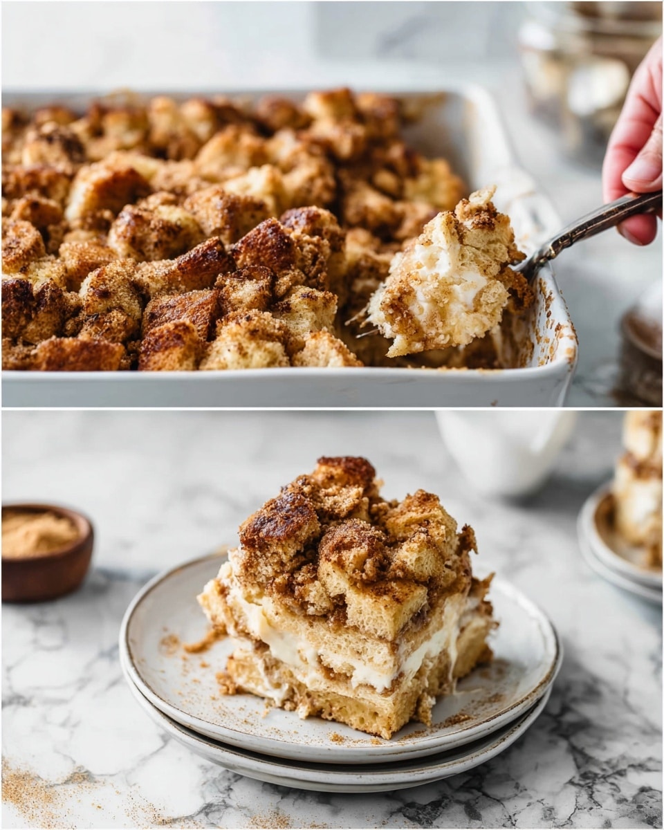 The image shows a dessert with two visual parts. On the left, a white rectangular dish is filled with many pieces of golden brown bread cubes layered thickly to form a rough, crumbly top with a textured, crunchy surface and some darker toasted spots. On the right, a serving of the same dessert is placed on a stack of three white plates. The piece reveals three layers: a light golden bottom base, a soft and fluffy middle layer with visible bread texture and a thick crunchy crumb layer on top with sprinkle-like parts. A woman's hand holds a fork that is digging into the piece, showing the soft inside against the crisp top. The background is white marbled, with a blurred small bowl of brown sugar visible behind the plates. photo taken with an iphone --ar 4:5 --v 7