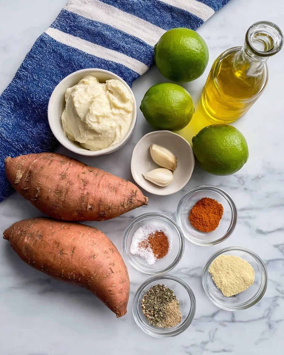 The image shows ingredients neatly placed on a white marbled surface with a blue and white striped cloth on one side. There are two whole sweet potatoes with rough skin, two whole limes with bright green color, and several small glass bowls. One bowl holds a thick, pale creamy substance, another small bowl contains a single garlic clove, and a smaller bowl contains a brown liquid. There is a tall, clear glass bottle filled with golden oil, and a white bowl holding five different spices in separate piles: pink salt, black pepper, ground cumin, paprika, and light yellow garlic powder. The arrangement is clean and organized, showing all ingredients distinctly photo taken with an iphone --ar 4:5 --v 7