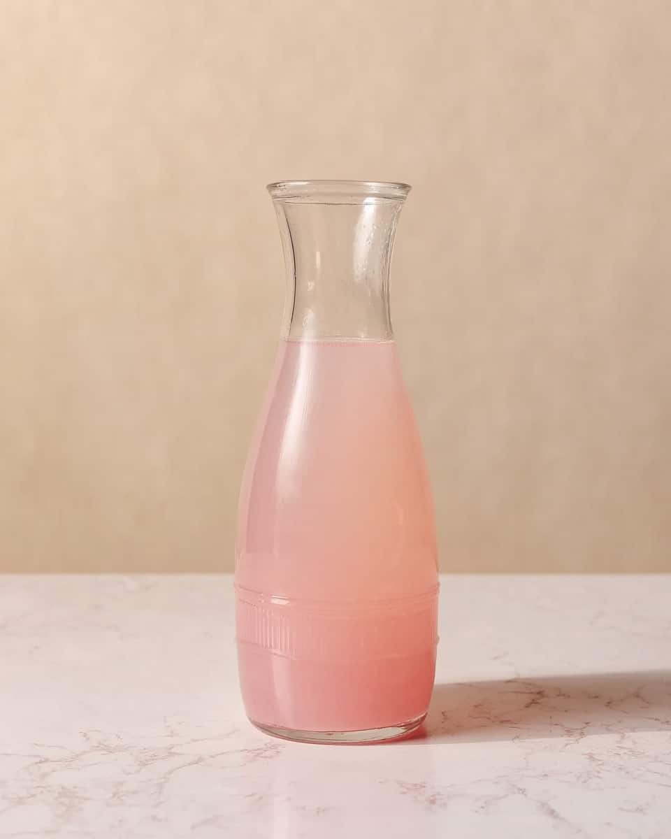 A tall clear glass carafe filled with light pink lemonade sitting on a white marbled surface against a plain beige background, the liquid inside showing a smooth texture with a slight gradient from pale pink at the top to a stronger pink at the bottom, the carafe has a narrow neck and a wider base with subtle embossed detailing on the front, no other objects or decorations around it photo taken with an iphone --ar 4:5 --v 7