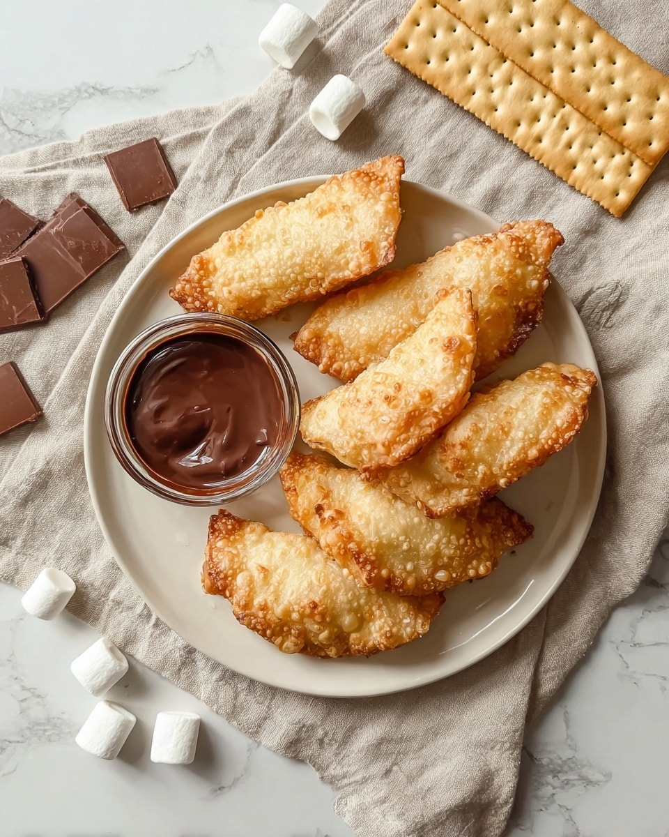 A white round plate holds seven golden-brown, crispy fried pastries arranged in a loose pile, each with a bubbly textured crust and folded edges. In the center-left of the plate, there is a small glass bowl filled with smooth, thick dark chocolate sauce for dipping. Around the plate on a soft beige cloth, there are mini white marshmallows scattered along with two small chocolate squares near the top and right side, and a couple of rectangular crackers resting at the top. The background is a white marbled surface. photo taken with an iphone --ar 4:5 --v 7