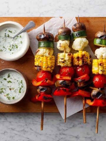 Grilled Veggie Skewers with Herby Yogurt Sauce Recipe