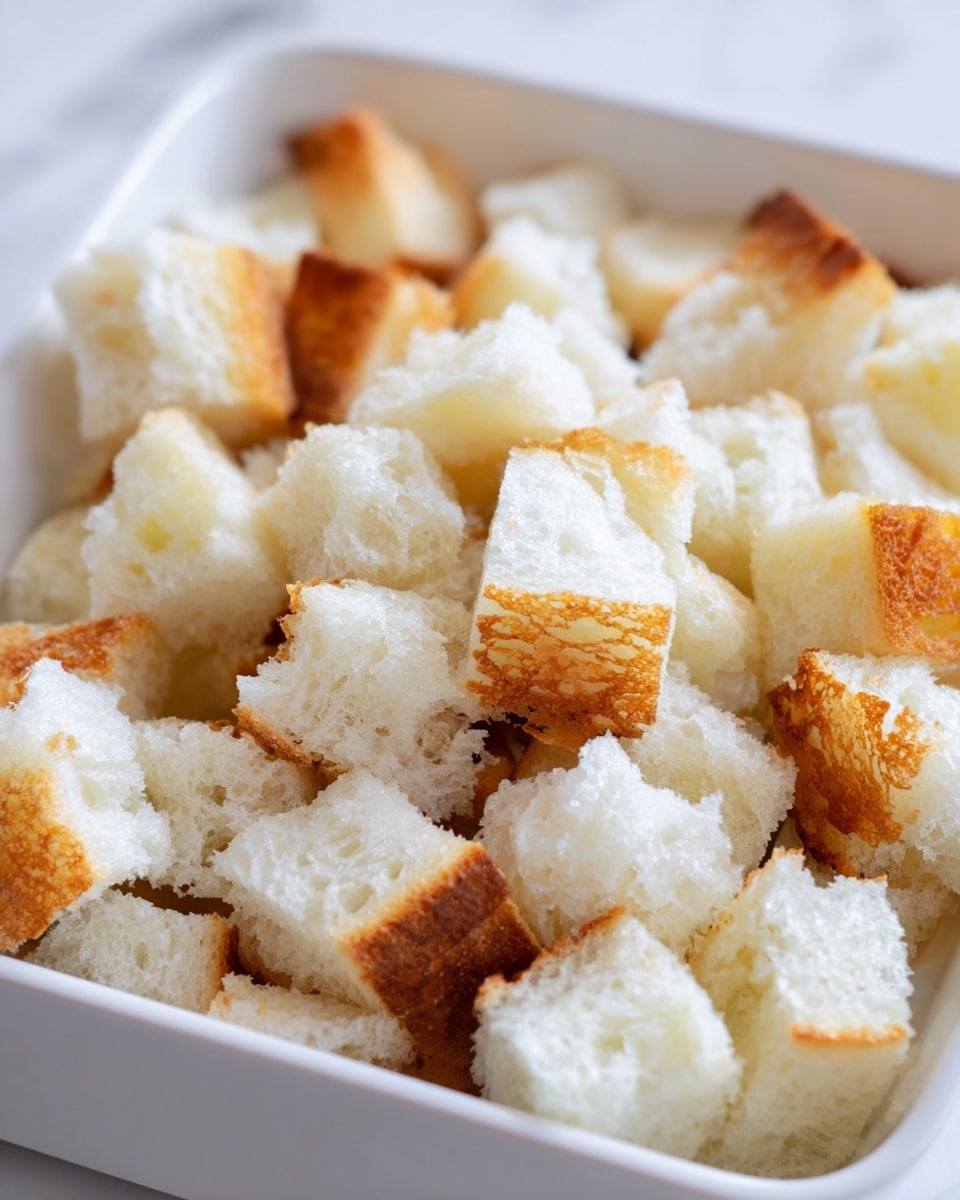 The image shows many small white bread cubes with golden brown edges, placed closely together in a white square dish. The cubes are soft and fluffy with slightly crispy crusts showing on some pieces. The dish is set on a white marbled surface, giving a clean and bright look to the image. The bread cubes fill the dish, with some pieces overlapping each other, highlighting their light and airy texture. photo taken with an iphone --ar 4:5 --v 7