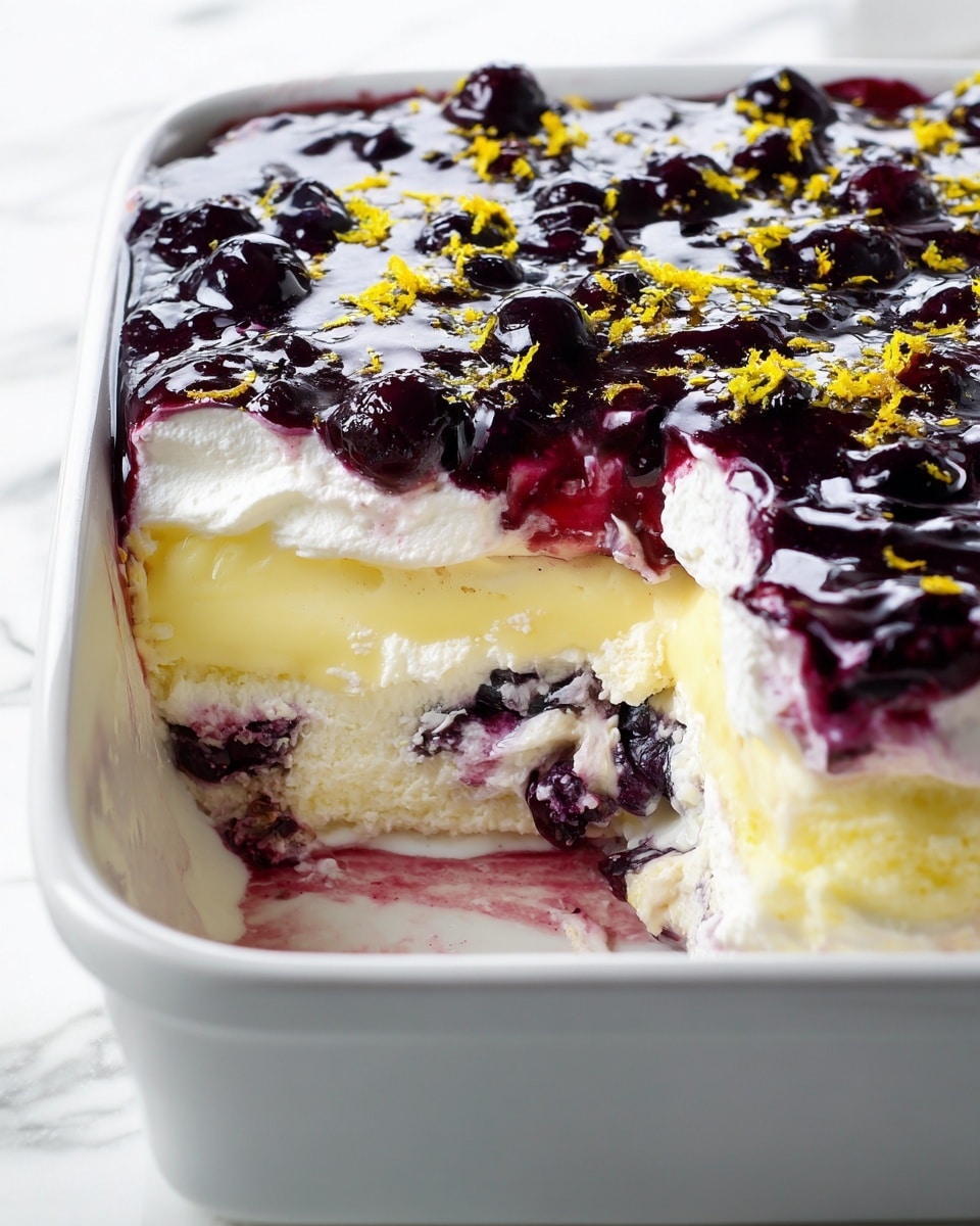 A white baking dish shows a creamy dessert with four visible layers; the bottom layer is made of a soft, white cake soaked with dark purple sauce that has bits of blueberries, above it sits a thick pale yellow custard layer that looks smooth and rich, followed by a fluffy white whipped cream layer, and the top layer is a shiny deep purple blueberry sauce with a glossy texture and yellow lemon zest sprinkled on it. The sides reveal the creamy custard oozing slightly into the soaking cake, with the blueberry sauce dripping slightly down the edges. The background is a white marbled texture. photo taken with an iphone --ar 4:5 --v 7