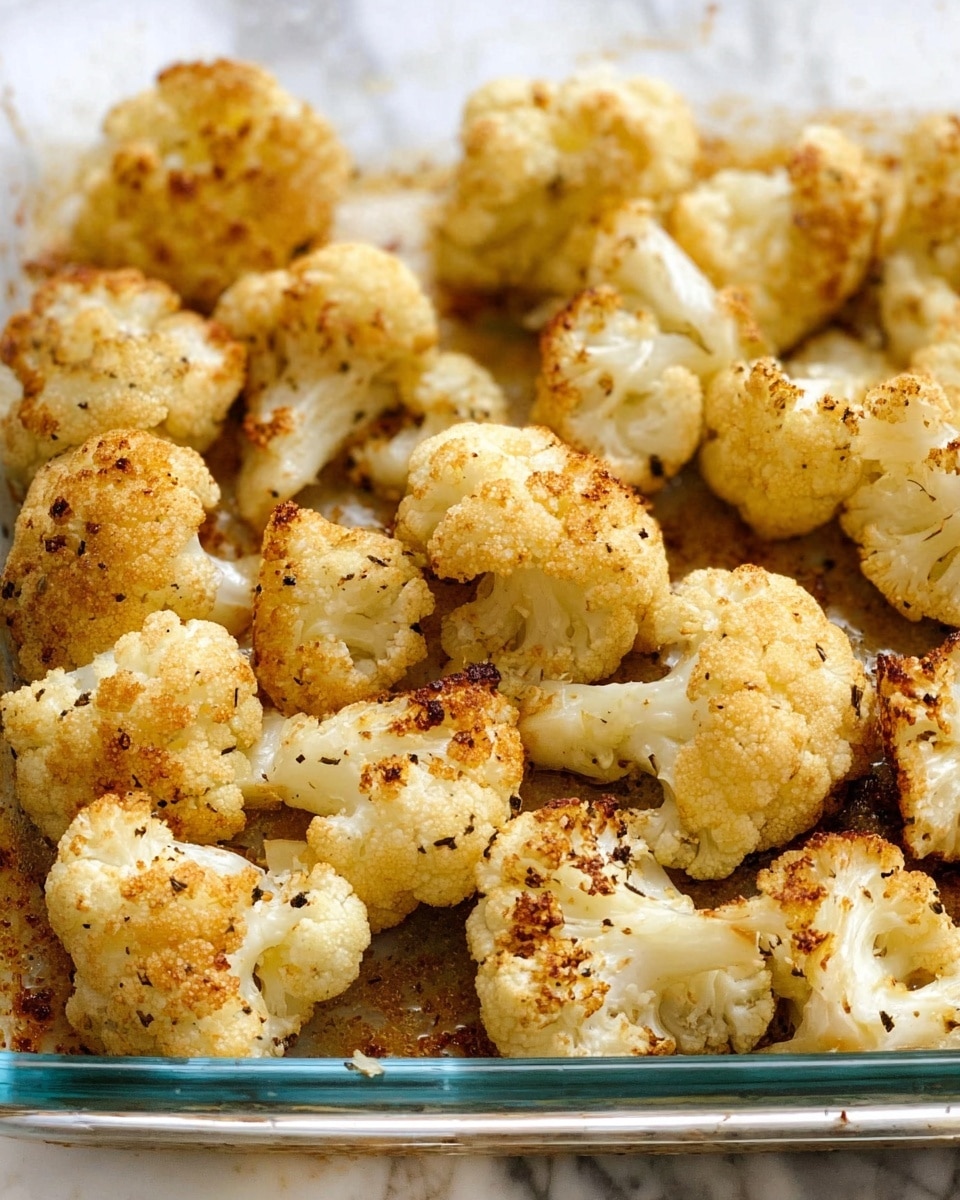 The image shows a glass baking dish filled with about twenty small cauliflower florets that have been roasted. The florets are cream-colored with golden brown spots and edges, showing a textured surface with some blackened seasoning bits scattered throughout. They rest on a lightly oiled, slightly browned base inside the dish, which has some caramelized oil marks around the edges. The background is a white marbled texture. Photo taken with an iphone --ar 4:5 --v 7