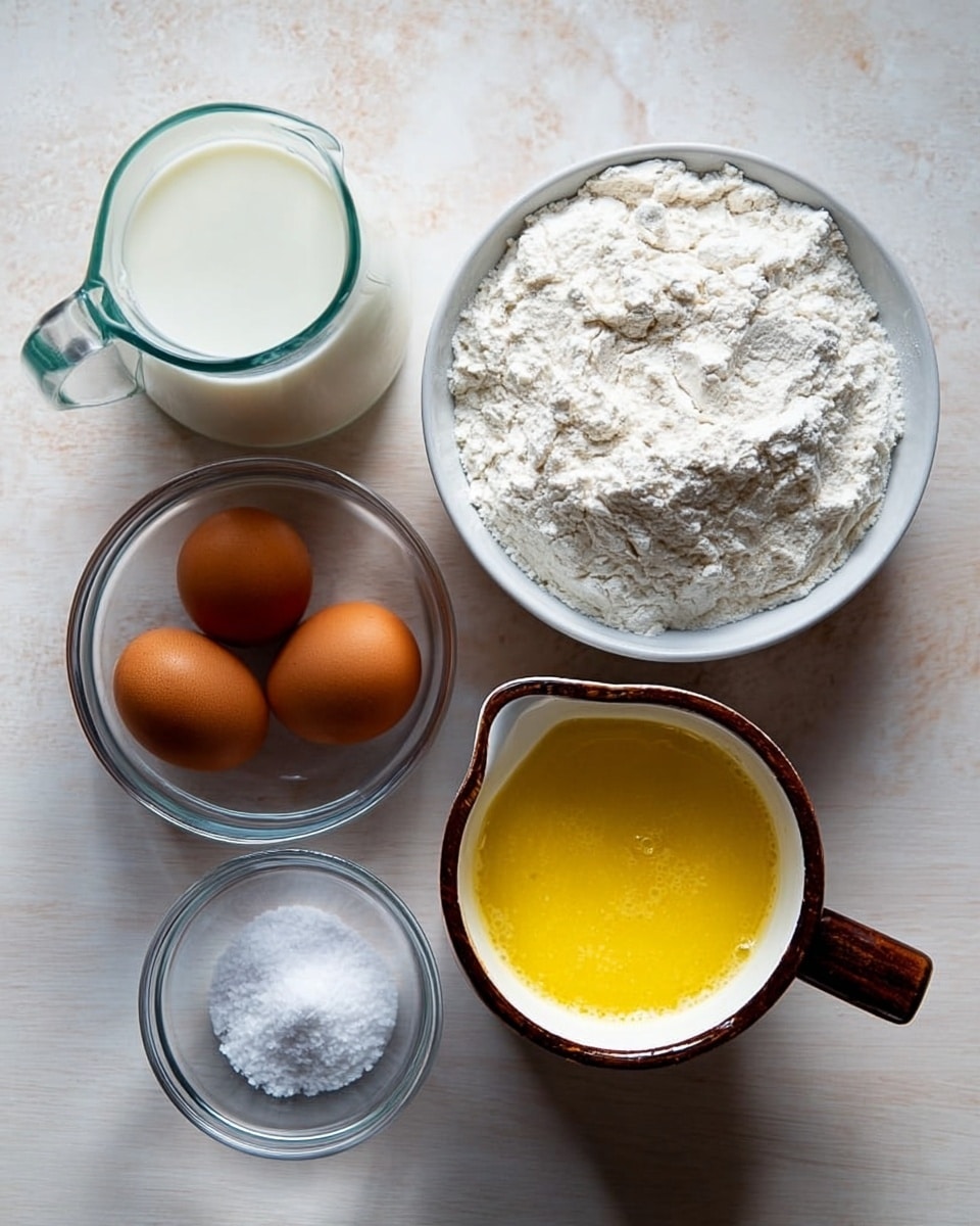 The image shows five containers of cooking ingredients arranged on a light wooden table. Starting from the top, there is a clear glass pitcher filled with white milk and next to it is a large white bowl filled with white flour. Below the bowl of flour is a white cup with a dark brown wooden handle, filled with melted yellow butter. To the left of the cup, there is a small clear glass bowl with three brown eggs. Above the eggs is a small clear glass bowl containing white salt. The whole scene is set on a white marbled textured surface. photo taken with an iphone --ar 4:5 --v 7