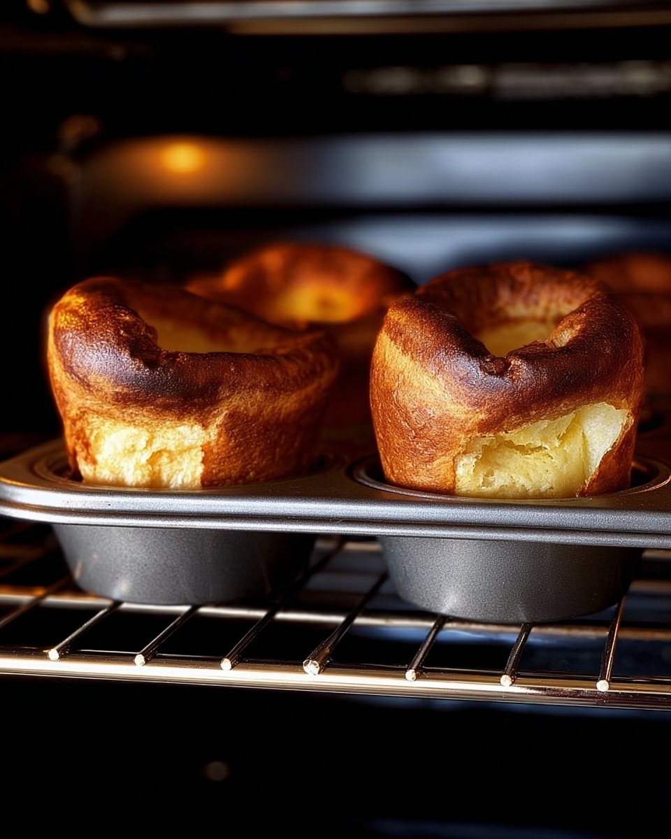 The image shows three golden brown Yorkshire puddings rising high in a metal muffin tray inside an oven. Each pudding has a thick, crisp edge that is darker brown, while the inside is soft with a lighter, creamy yellow color peeking through the sides. The tray is on a wire rack with a blurred dark background from the oven interior. The Yorkshire puddings appear fluffy and well-risen, with the height and texture showing clear layers of airy dough inside. photo taken with an iphone --ar 4:5 --v 7