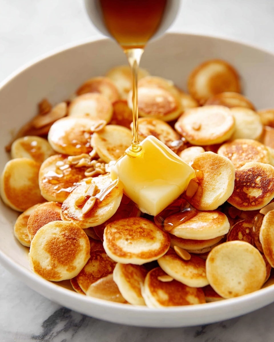 A white bowl filled with many tiny, round, golden-brown pancake slices stacked to cover the whole bowl. On top of the pancakes, there is a square piece of melting light yellow butter in the center. Golden syrup is being poured slowly over the butter and pancakes, showing a sticky shiny stream coming from above. The texture of the pancakes is smooth with some browning on the tops and edges. The bowl sits on a white marbled surface. Photo taken with an iphone --ar 4:5 --v 7