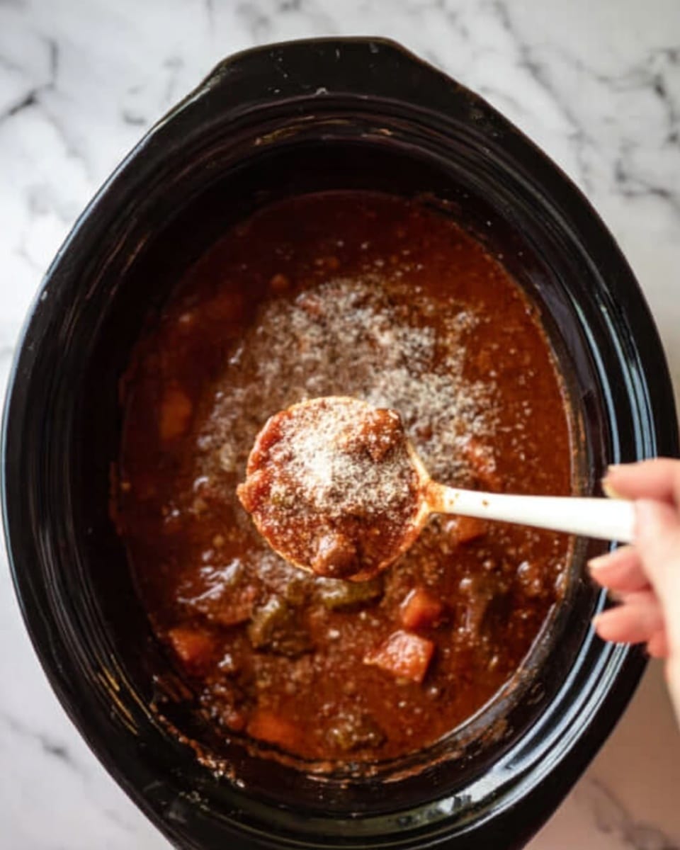 The image shows a black slow cooker filled with a thick, dark reddish-brown stew that has a rich texture with some chunks visible. There is a light dusting of white powder, likely a seasoning, sprinkled on the surface of the stew. In the foreground, a white spoon is scooping some of the stew, held by a woman's hand. The background surface is a white marbled texture. photo taken with an iphone --ar 4:5 --v 7