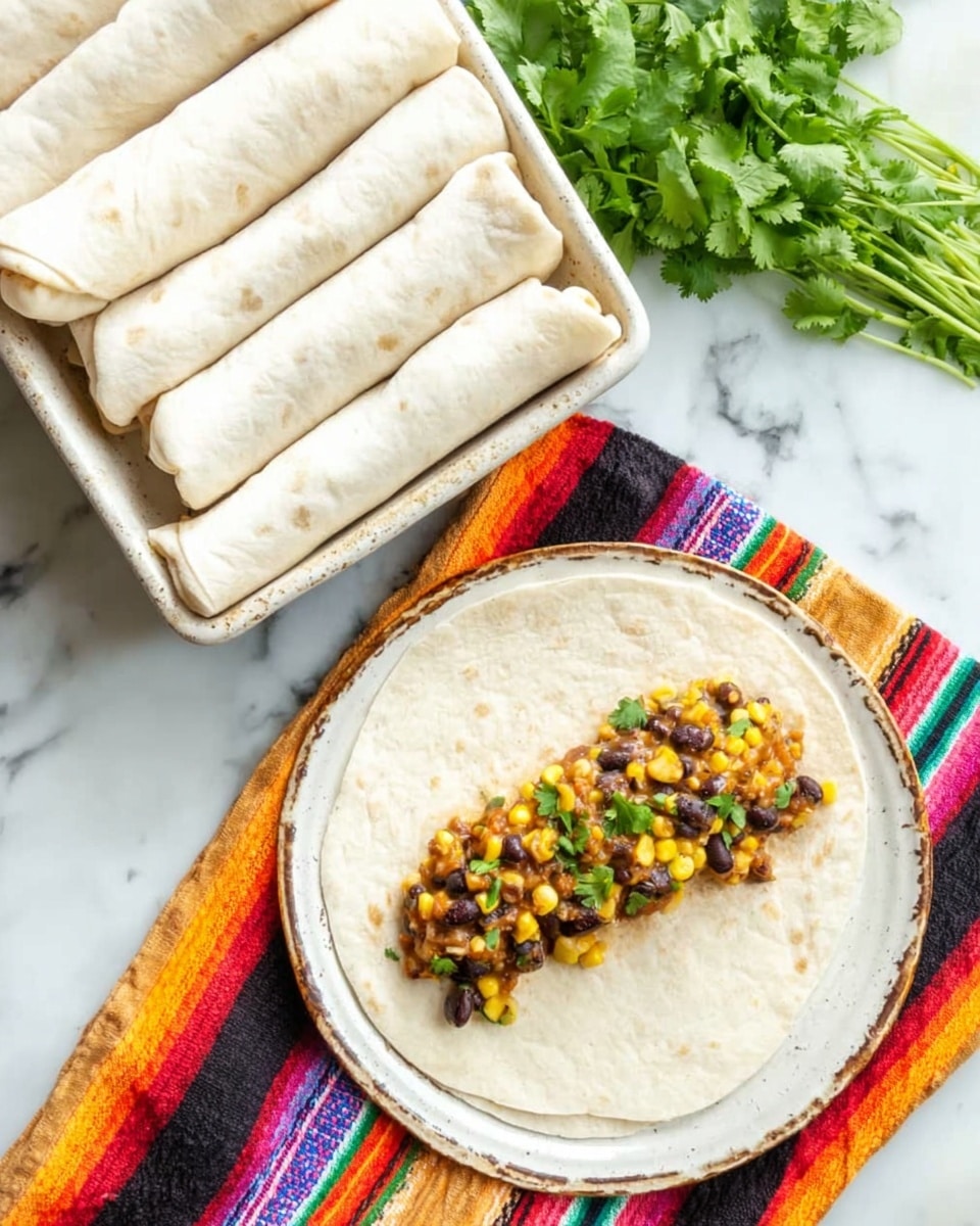 A white tortilla is open on a white marbled surface with a colorful striped cloth underneath. In the center of the tortilla, there is one layer of filling composed of black beans, yellow corn, and small green herbs, combining dark, yellow, and green colors with a mixed texture of soft and leafy. To the top left, there is a white rectangular pan filled with several wrapped white tortillas. Fresh green cilantro leaves are placed next to the pan on the right side. Photo taken with an iphone --ar 4:5 --v 7