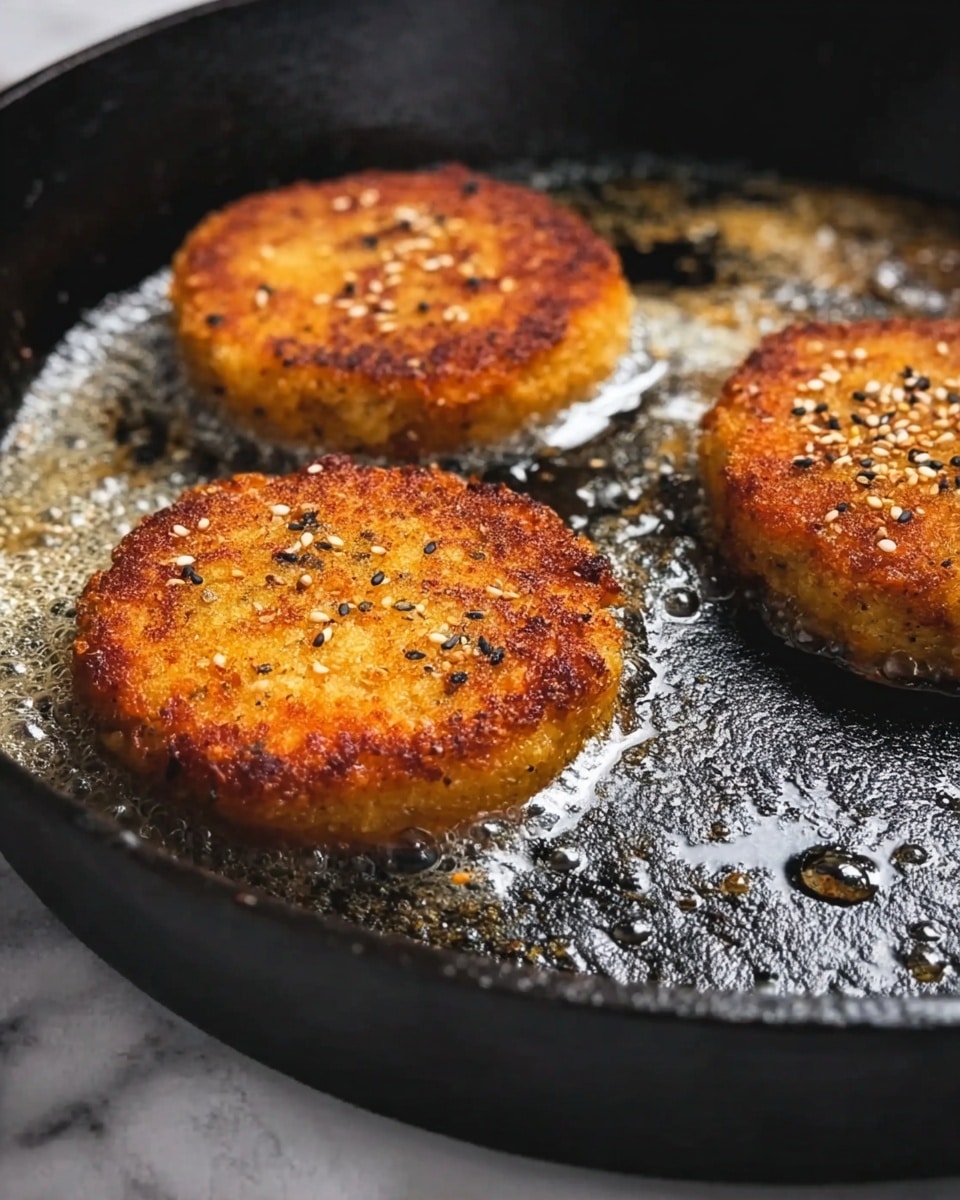 There are three round golden brown patties frying in a black cast iron pan, each one showing crispy textured edges with specks of black pepper and white sesame seeds on the surface. The patties have a crunchy crust with a slightly oily shine, and the pan has small bubbles of oil nearby them. The background and surface beneath the pan have a white marbled texture. photo taken with an iphone --ar 4:5 --v 7
