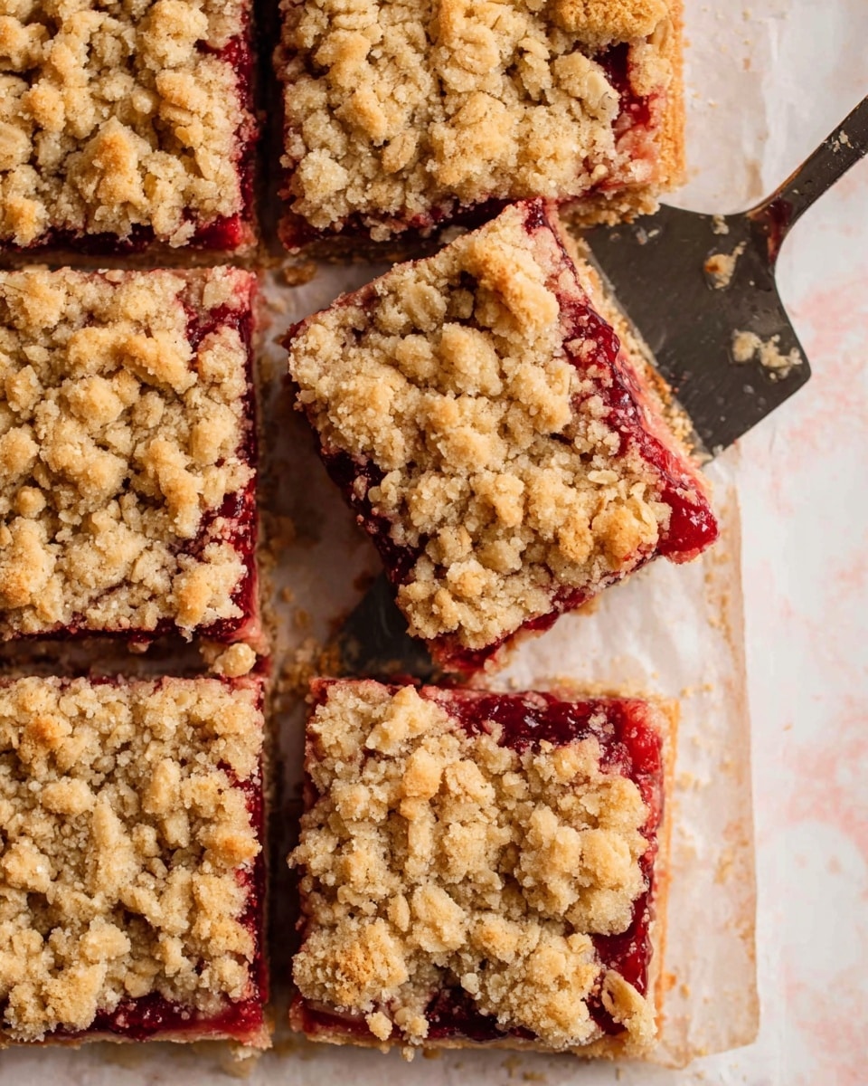 The image shows a close-up of square-shaped berry crumble bars arranged on a sheet lined with parchment paper over a white marbled surface. Each bar has three visible layers: the bottom crust is a light golden-brown, firm and crumbly; the middle layer is a thick, deep red berry filling that peeks out around the edges; the top layer is a rough, uneven crumble made of oats and golden chunks of baked dough, giving a textured and crunchy appearance. One piece is lifted with a metal spatula from the middle right side, revealing the layers clearly. The photo taken with an iphone --ar 4:5 --v 7