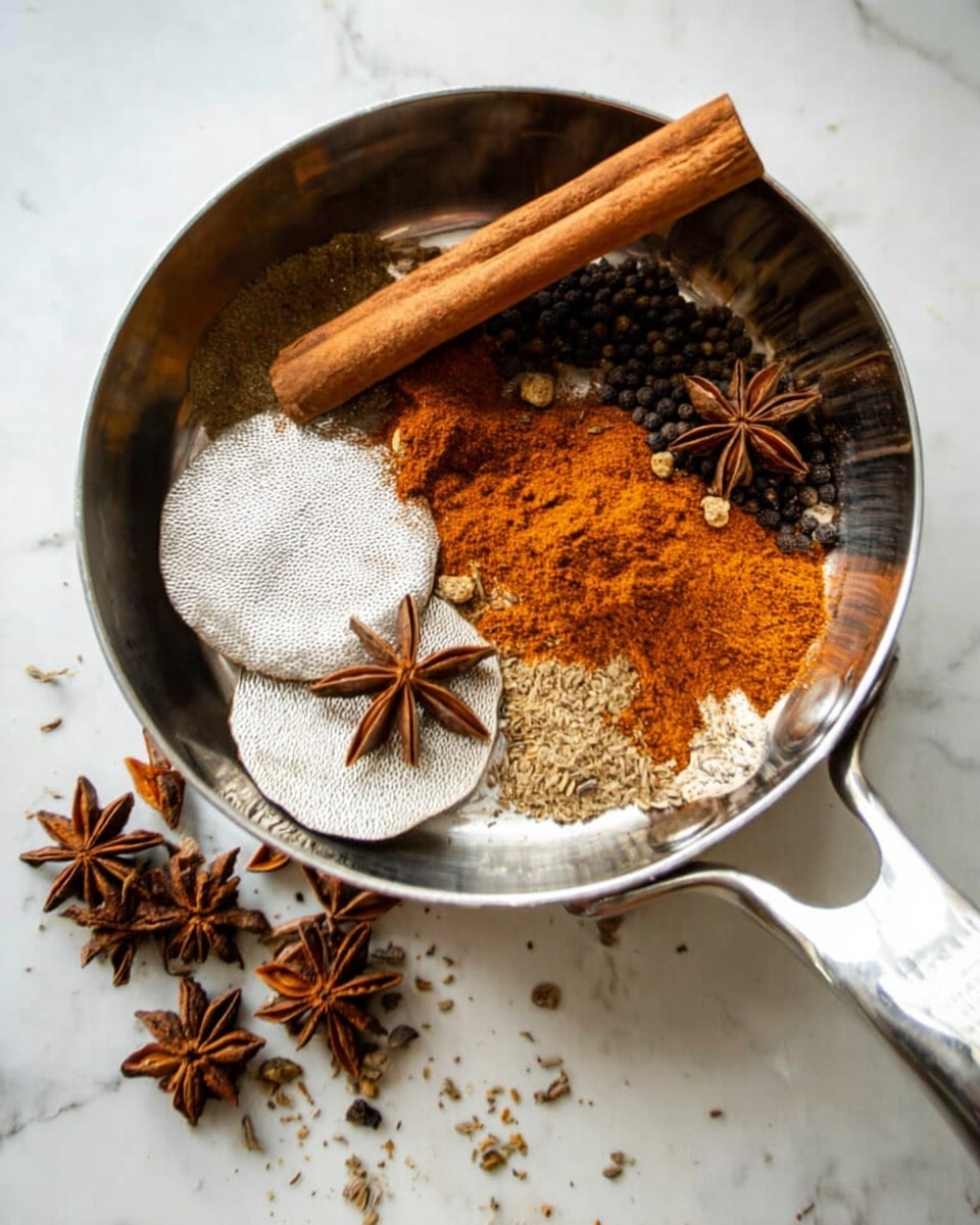 A silver metal pan contains several layers of spices arranged visibly: two white, textured dried round slices in the center, topped with a large stick of cinnamon colored brown, a pile of orange-brown ground spice on the right side, and scattered whole star anise and small black and light brown seeds mostly on the left and top sides. Outside the pan, on the white marbled surface, are a few additional star anise pieces clustered to the left. The overall color palette includes silver, white, brown, orange, and black with rough and smooth textures. Photo taken with an iphone --ar 4:5 --v 7
