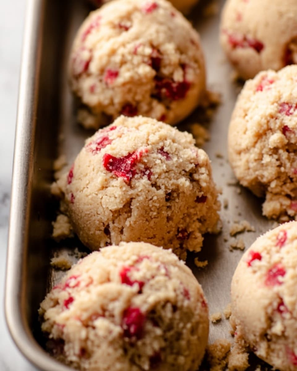 The image shows a close-up of several round cookie dough balls placed close together in a metal tray. Each dough ball has a crumbly texture with small red chunks evenly spread throughout, giving the dough a speckled look. The surface looks slightly rough and soft, with some crumbs scattered around the dough balls. The lighting highlights the texture and color contrast between the light tan dough and the red pieces. The background is a white marbled surface. Photo taken with an iphone --ar 4:5 --v 7