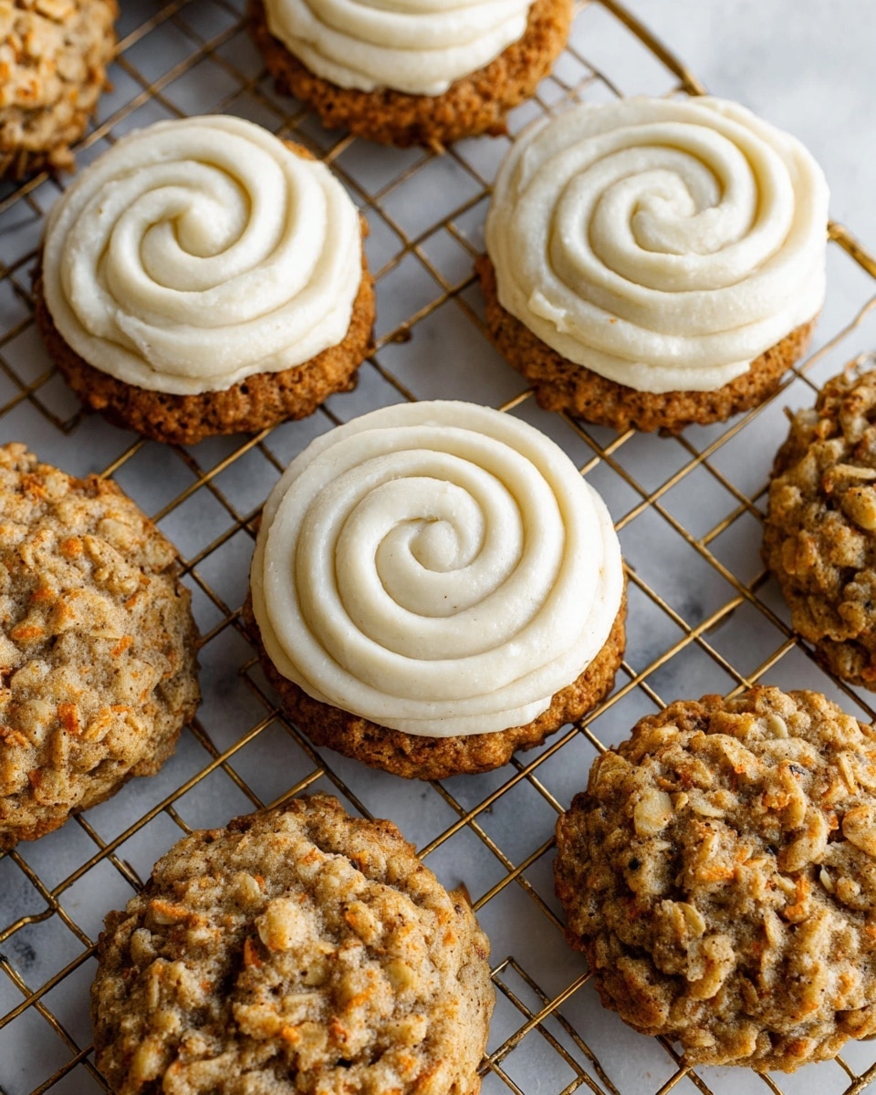 The image shows a group of oatmeal cookies arranged on a gold wire cooling rack placed over a white marbled surface. Some cookies have a single layer, textured with oats and small bits of carrot, giving them a rustic look with brown and light orange colors. Other cookies have two layers: a bottom layer of the same oatmeal cookie and a thick top layer of creamy white frosting spiraled smoothly from the center outward, with small dark specks visible in the frosting. The overall contrast between the textured cookie base and the smooth frosting creates a cozy, homemade feel. photo taken with an iphone --ar 4:5 --v 7