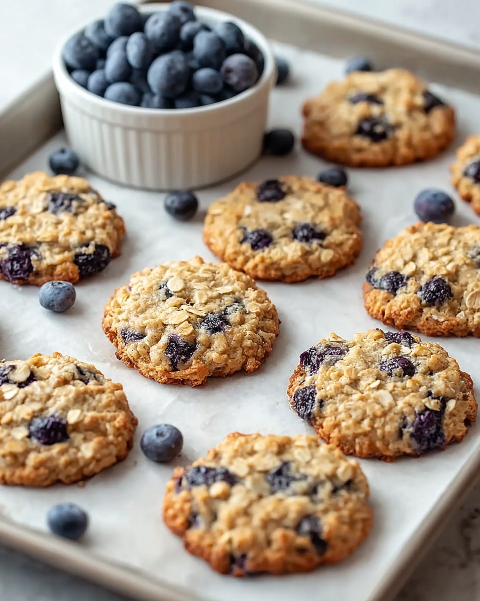 A tray holds ten golden-brown oatmeal cookies with visible large oats and scattered dark purple blueberries inside each cookie. They are spread on white parchment paper, which covers the baking tray, placed on a white marbled surface. In the background, there is a white bowl full of fresh blue berries, slightly out of focus. The cookies look slightly crisp at the edges and soft in the middle with a rough texture from the oats and berries photo taken with an iphone --ar 4:5 --v 7